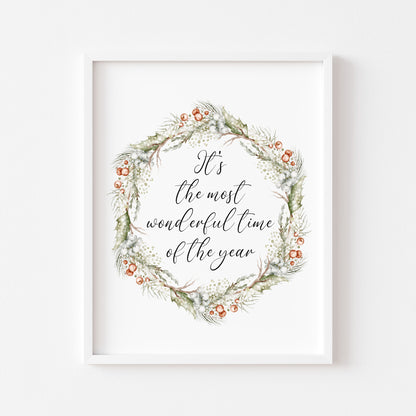 Christmas Print Watercolour Green white red wreath Seasonal Wall Art (unframed)