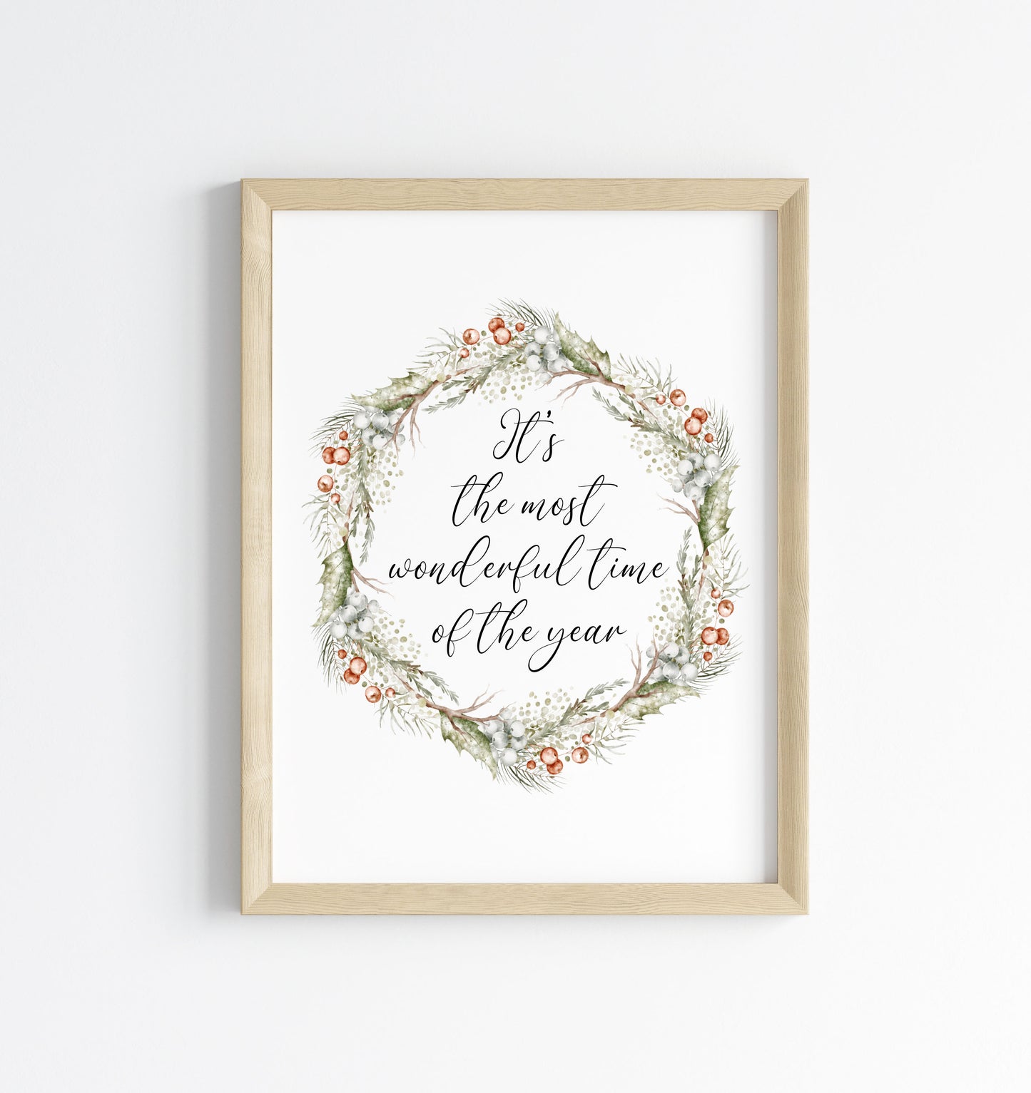 Christmas Print Watercolour Green white red wreath Seasonal Wall Art (unframed)