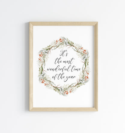 Christmas Print Watercolour Green white red wreath Seasonal Wall Art (unframed)