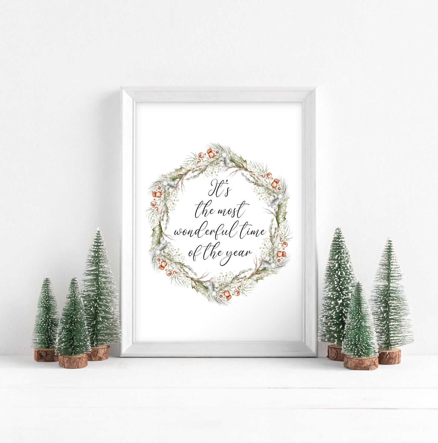 Christmas Print Watercolour Green white red wreath Seasonal Wall Art (unframed)
