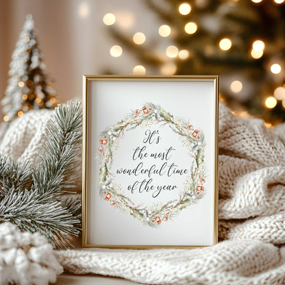 Christmas Print Watercolour Green white red wreath Seasonal Wall Art (unframed)