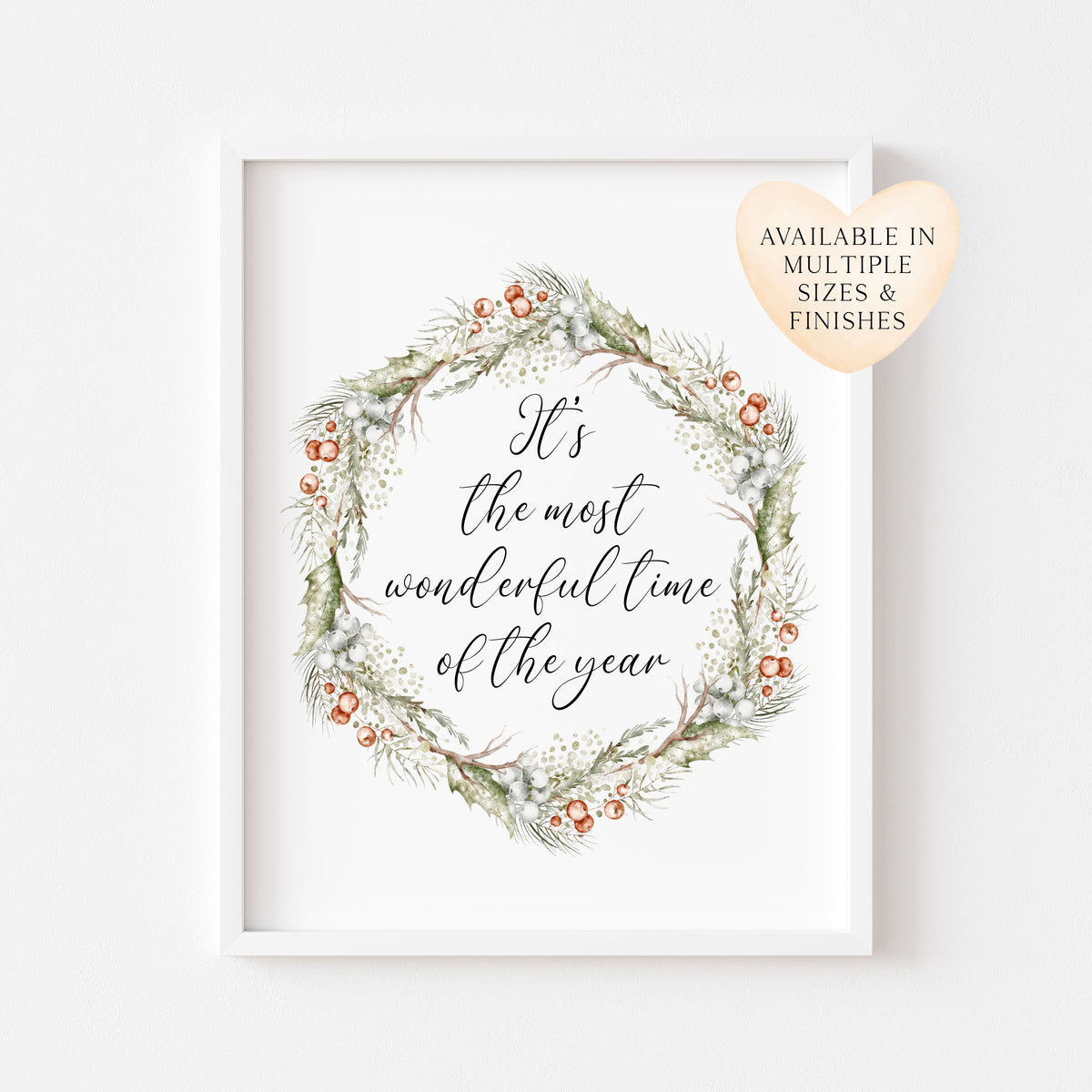 Christmas Print Watercolour Green white red wreath Seasonal Wall Art (unframed)