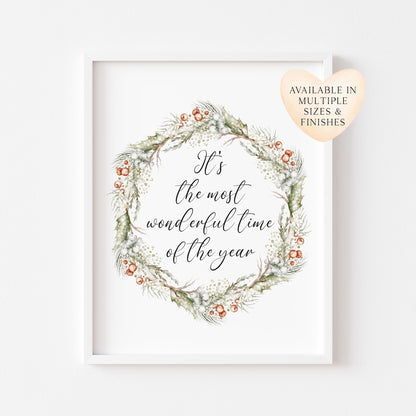 Christmas Print Watercolour Green white red wreath Seasonal Wall Art (unframed)