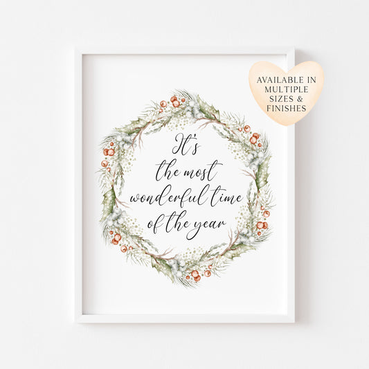 Christmas Print Watercolour Green white red wreath Seasonal Wall Art (unframed)