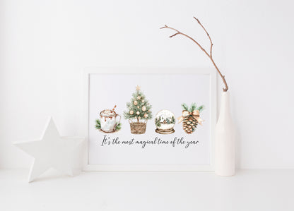 Christmas print, the most magical time of the year beige green watercolour unframed seasonal wall art poster