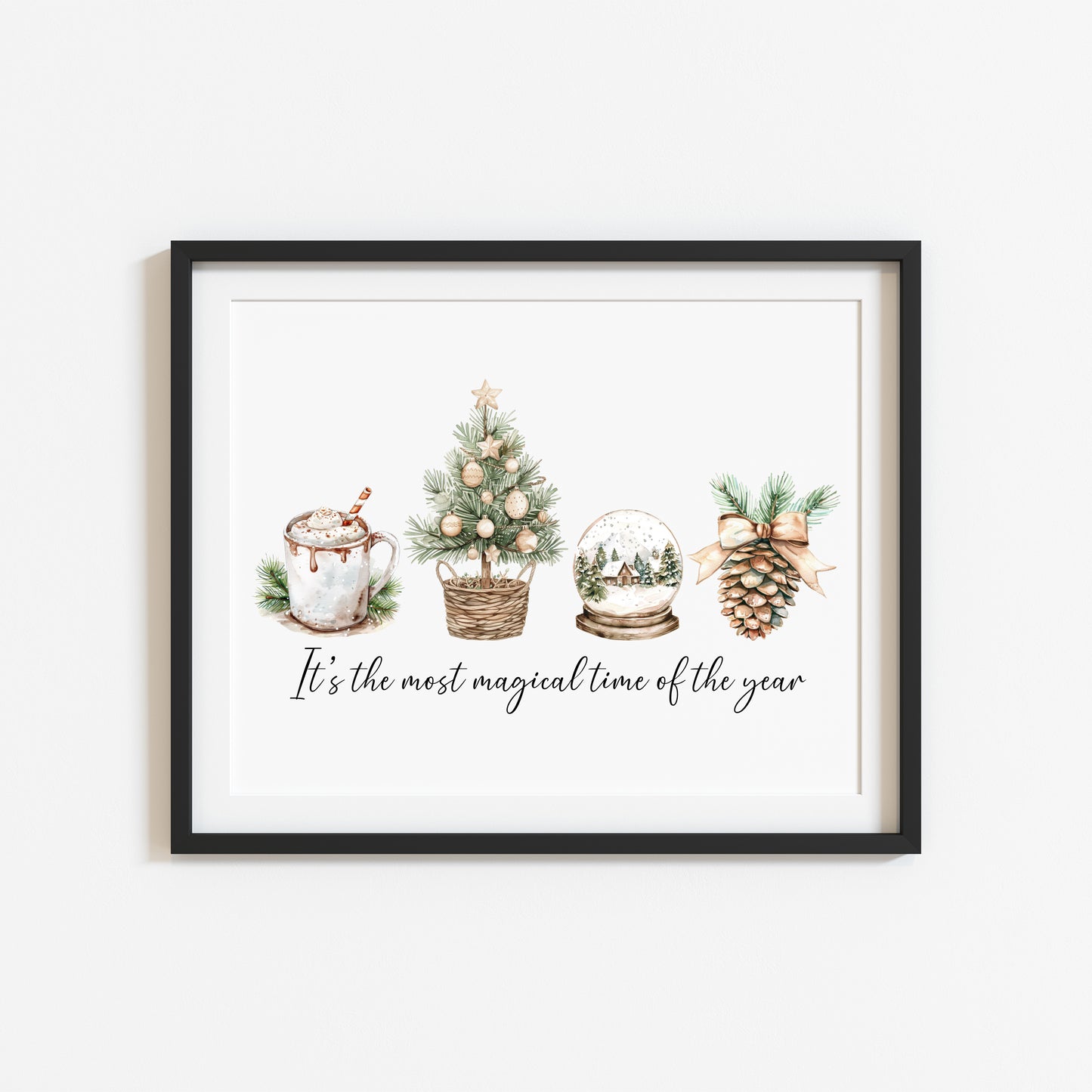 Christmas print, the most magical time of the year beige green watercolour unframed seasonal wall art poster