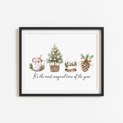 Christmas print, the most magical time of the year beige green watercolour unframed seasonal wall art poster