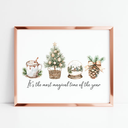 Christmas print, the most magical time of the year beige green watercolour unframed seasonal wall art poster