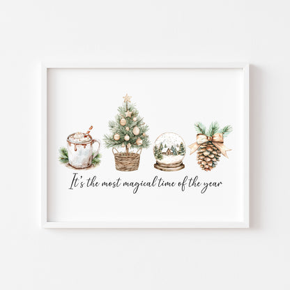 Christmas print, the most magical time of the year beige green watercolour unframed seasonal wall art poster