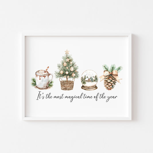 Christmas print, the most magical time of the year beige green watercolour unframed seasonal wall art poster