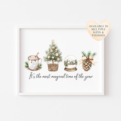 Christmas print, the most magical time of the year beige green watercolour unframed seasonal wall art poster