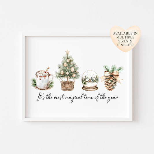 Christmas print, the most magical time of the year beige green watercolour unframed seasonal wall art poster