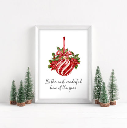 Christmas Print Red White & Green Striped Hanging Bauble xmas seasonal decor (Unframed)