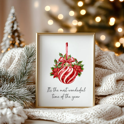 Christmas Print Red White & Green Striped Hanging Bauble xmas seasonal decor (Unframed)