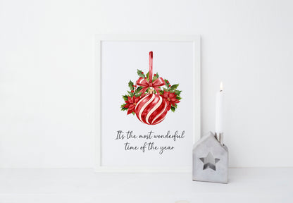 Christmas Print Red White & Green Striped Hanging Bauble xmas seasonal decor (Unframed)