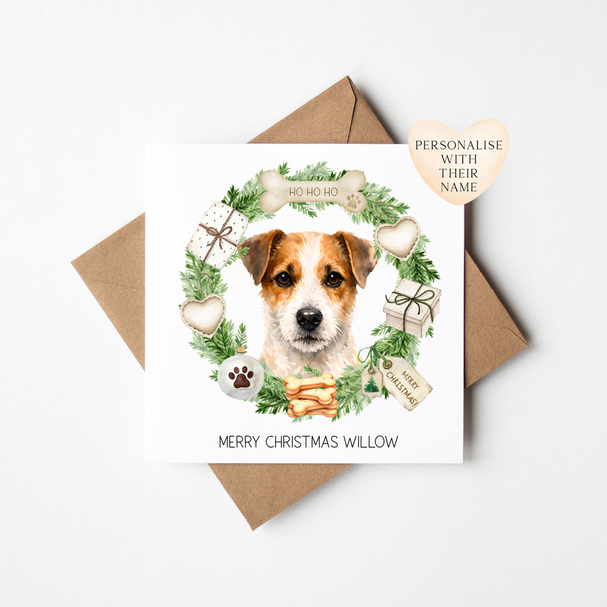 Personalised Dog Christmas card, Jack Russell custom pet name xmas card