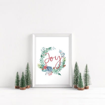 Red Joy, watercolour blue and green christmas wreath seasonal unframed wall art poster print
