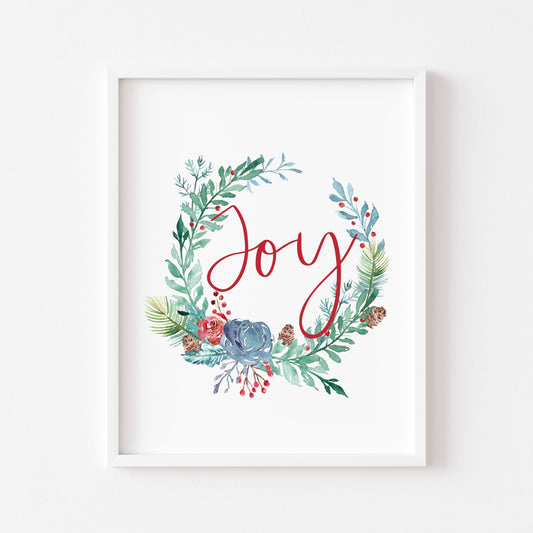 Red Joy, watercolour blue and green christmas wreath seasonal unframed wall art poster print