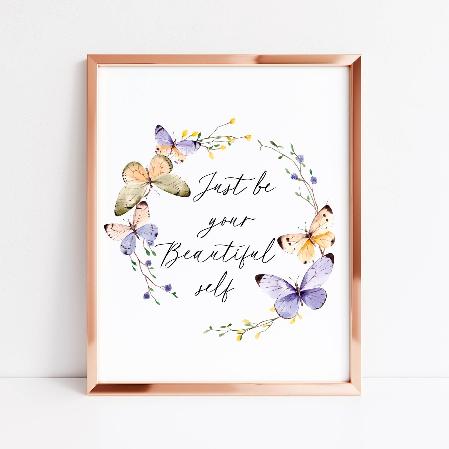 Just be your beautiful self pink purple butterfly wreath girls unframed wall art poster print nursery decor bedroom print, bedroom decor art