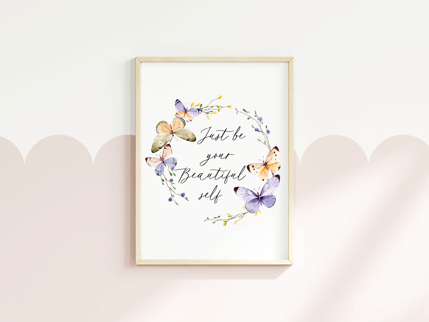 Just be your beautiful self pink purple butterfly wreath girls unframed wall art poster print nursery decor bedroom print, bedroom decor art