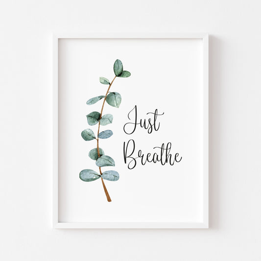 Just breathe green blue eucalyptus botanical stem watercolour bathroom toilet unframed wall art poster print