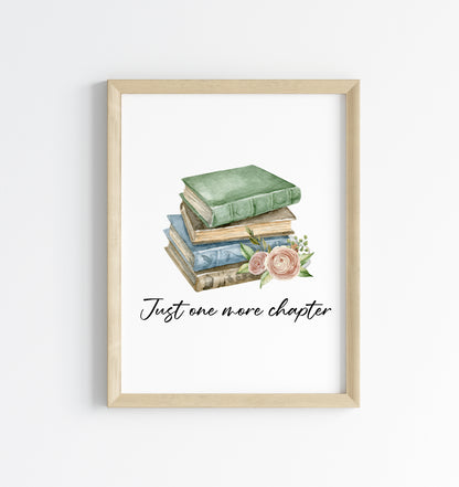 Just one more chapter, watercolour book stack floral illustration book lover bedroom office unframed wall art poster print