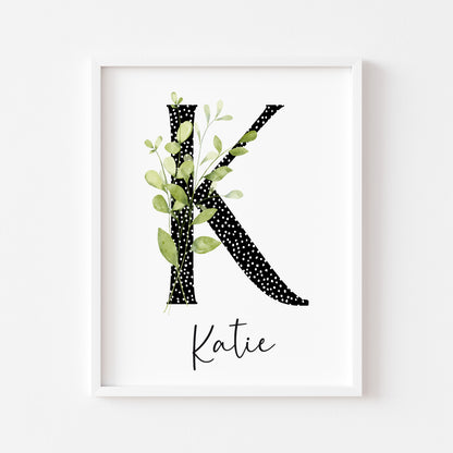 Personalised monochrome spotty initial name botanical greenery bedroom unframed wall art poster prints, gifts for girls, alphabet art prints