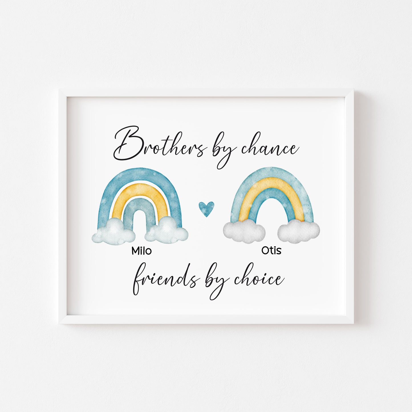 Brothers print, Brothers by chance, friends by choice personalised names rainbows blue green yellow unframed wall art