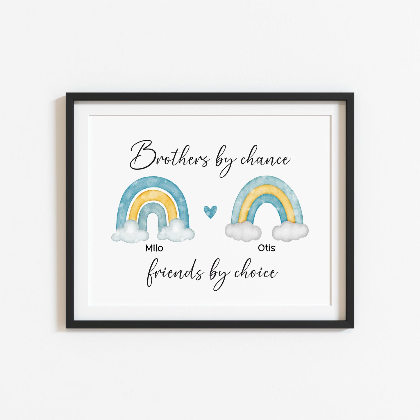 Brothers print, Brothers by chance, friends by choice personalised names rainbows blue green yellow unframed wall art