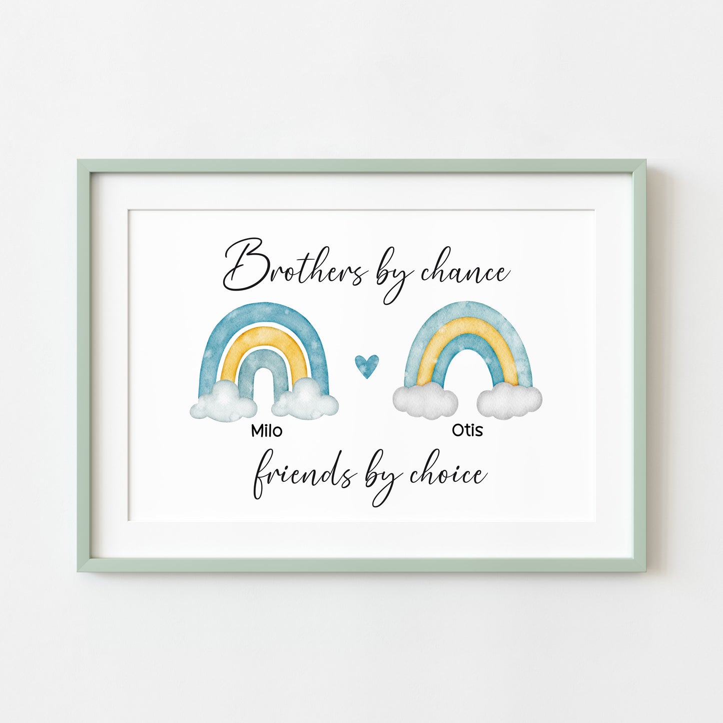 Brothers print, Brothers by chance, friends by choice personalised names rainbows blue green yellow unframed wall art