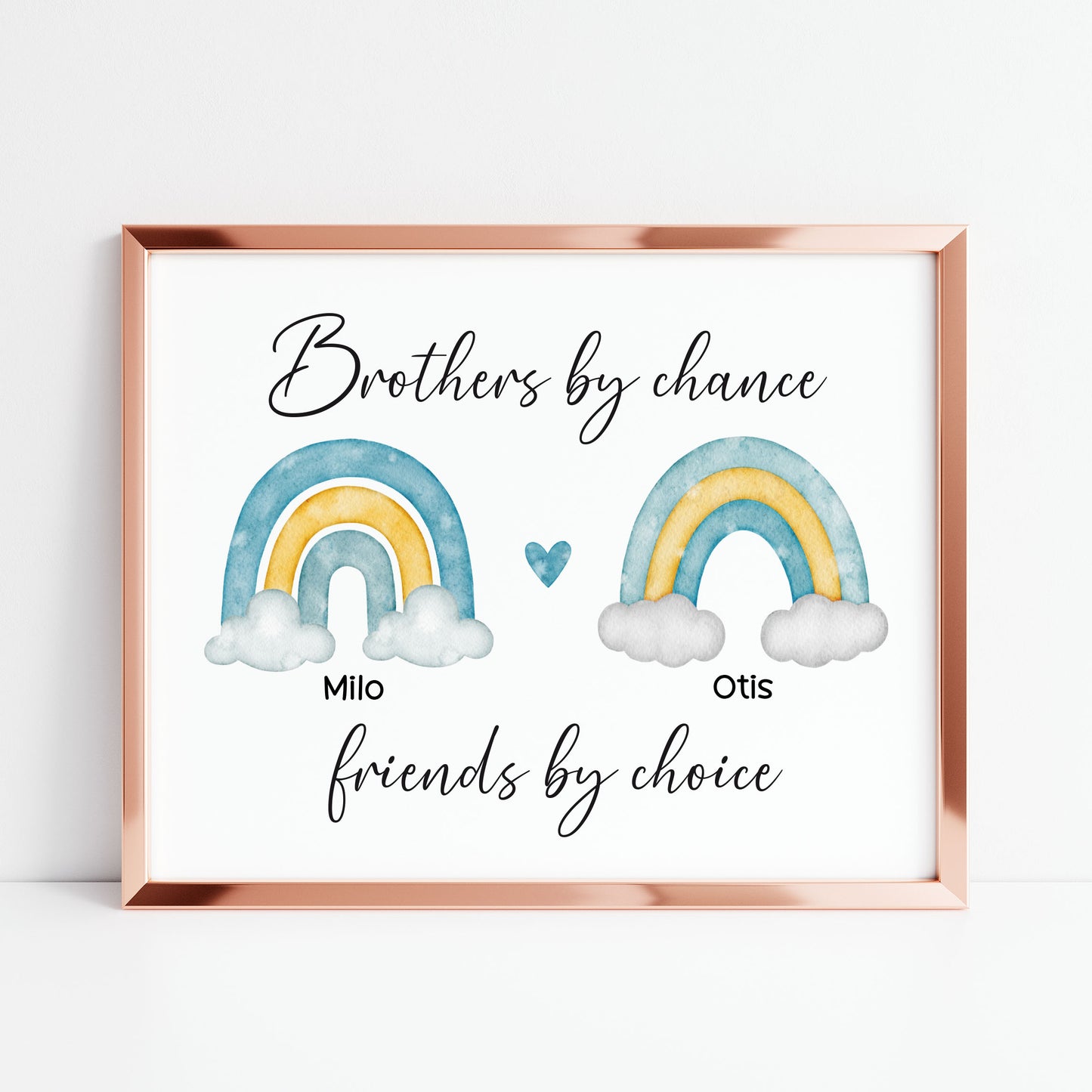 Brothers print, Brothers by chance, friends by choice personalised names rainbows blue green yellow unframed wall art