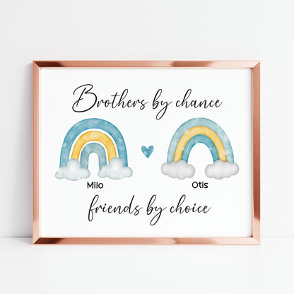 Brothers print, Brothers by chance, friends by choice personalised names rainbows blue green yellow unframed wall art