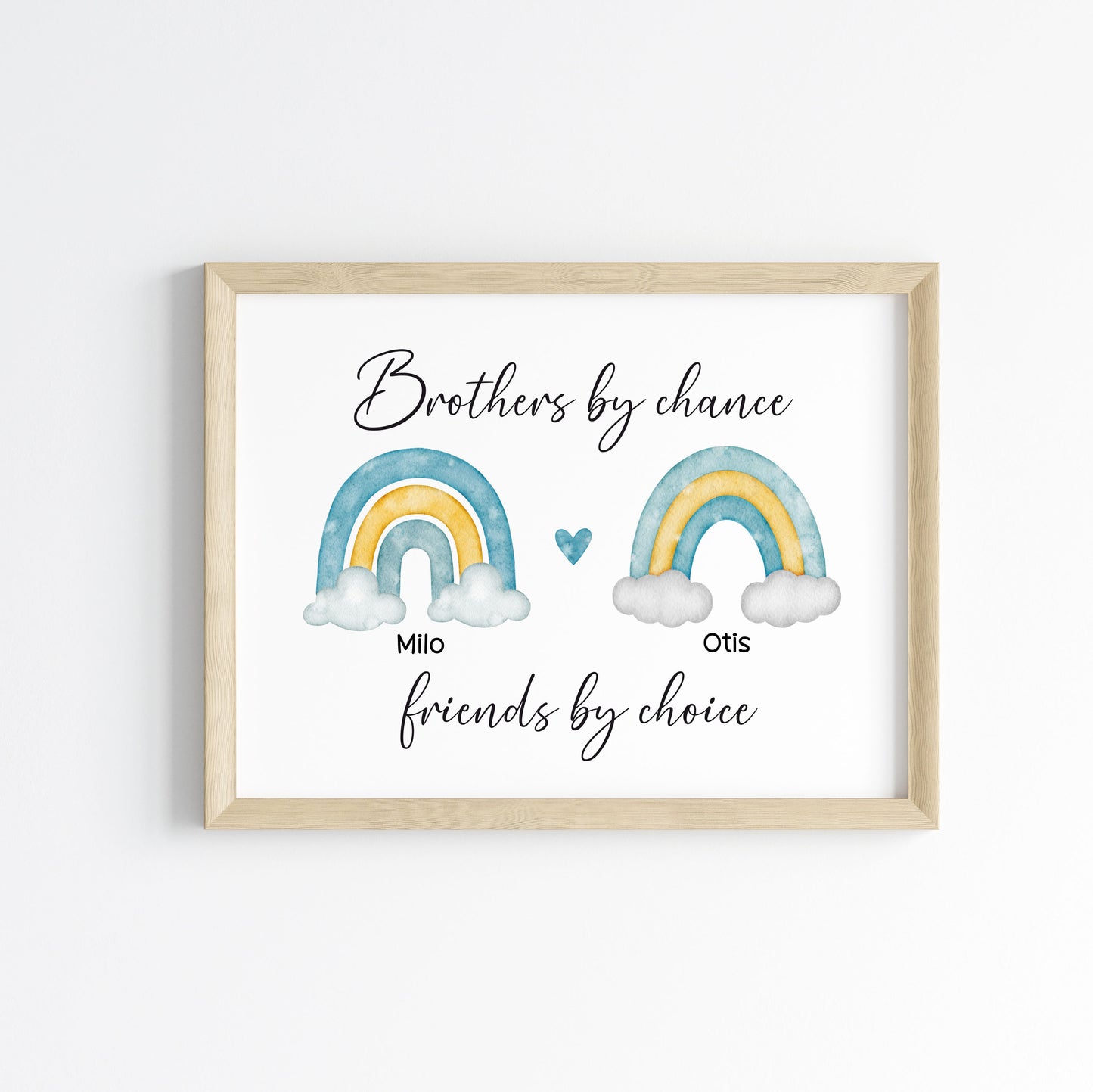 Brothers print, Brothers by chance, friends by choice personalised names rainbows blue green yellow unframed wall art