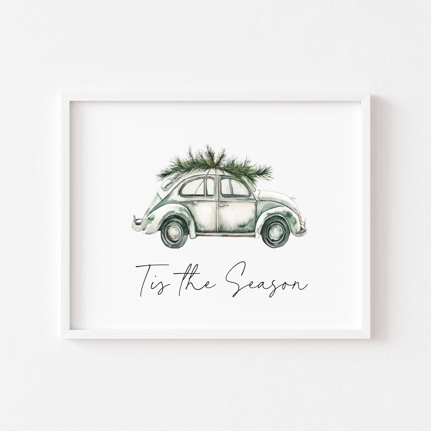 Christmas print, Tis the season green blue watercolour Christmas car and Christmas tree seasonal unframed wall art poster print