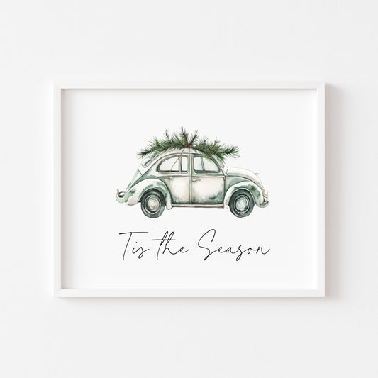 Christmas print, Tis the season green blue watercolour Christmas car and Christmas tree seasonal unframed wall art poster print