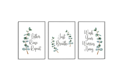 Set of 3 botanical stem Lather rinse repeat, just breathe, wash your worries away unframed prints