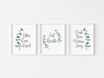 Set of 3 botanical stem Lather rinse repeat, just breathe, wash your worries away unframed prints