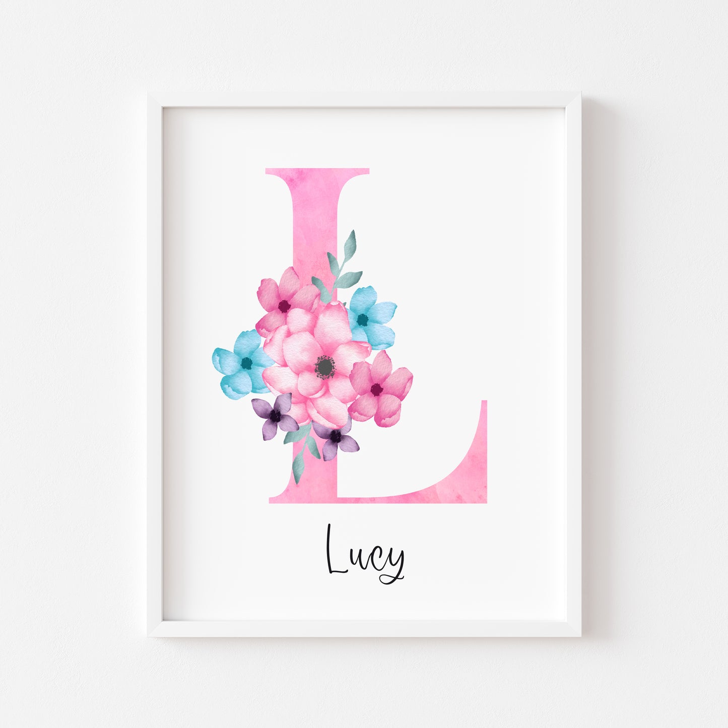 Personalised initial name print, pink & blue watercolour floral initial illustration nursery unframed print