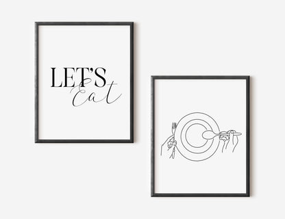 Set of 2 let's eat, food dinner tea supper line drawing kitchen unframed wall art poster prints