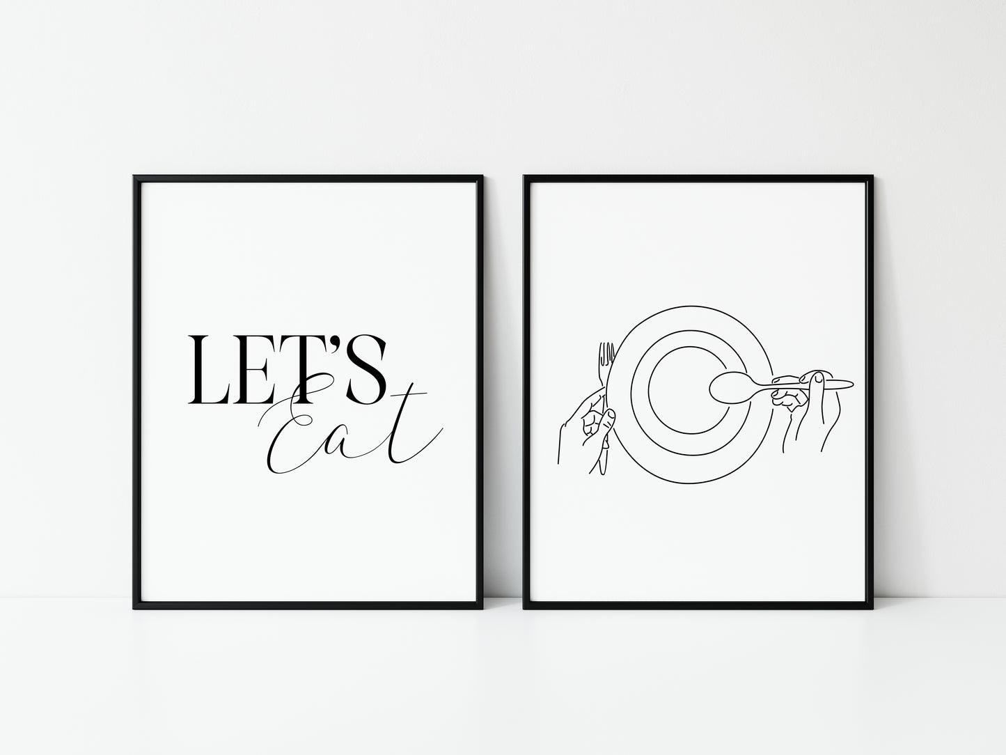 Set of 2 let's eat, food dinner tea supper line drawing kitchen unframed wall art poster prints