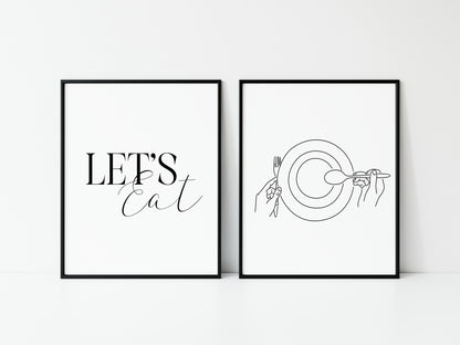 Set of 2 let's eat, food dinner tea supper line drawing kitchen unframed wall art poster prints