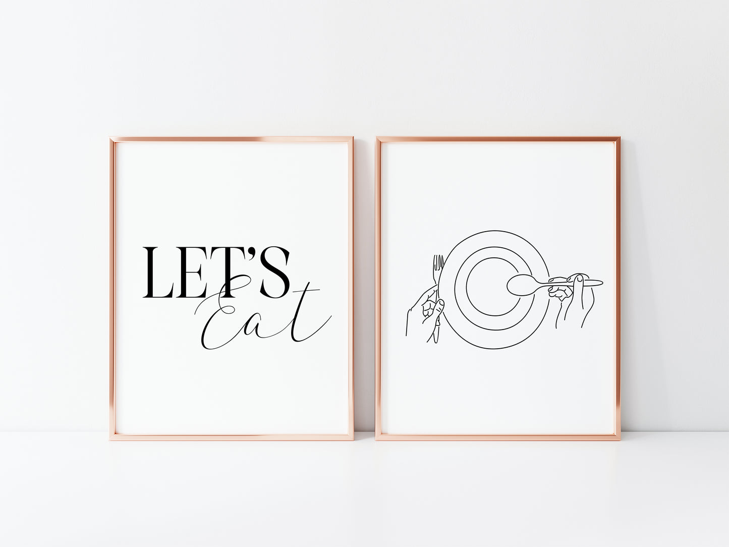 Set of 2 let's eat, food dinner tea supper line drawing kitchen unframed wall art poster prints