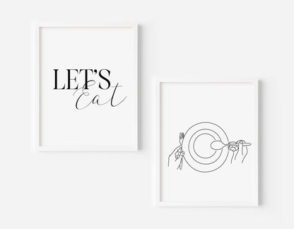 Set of 2 let's eat, food dinner tea supper line drawing kitchen unframed wall art poster prints