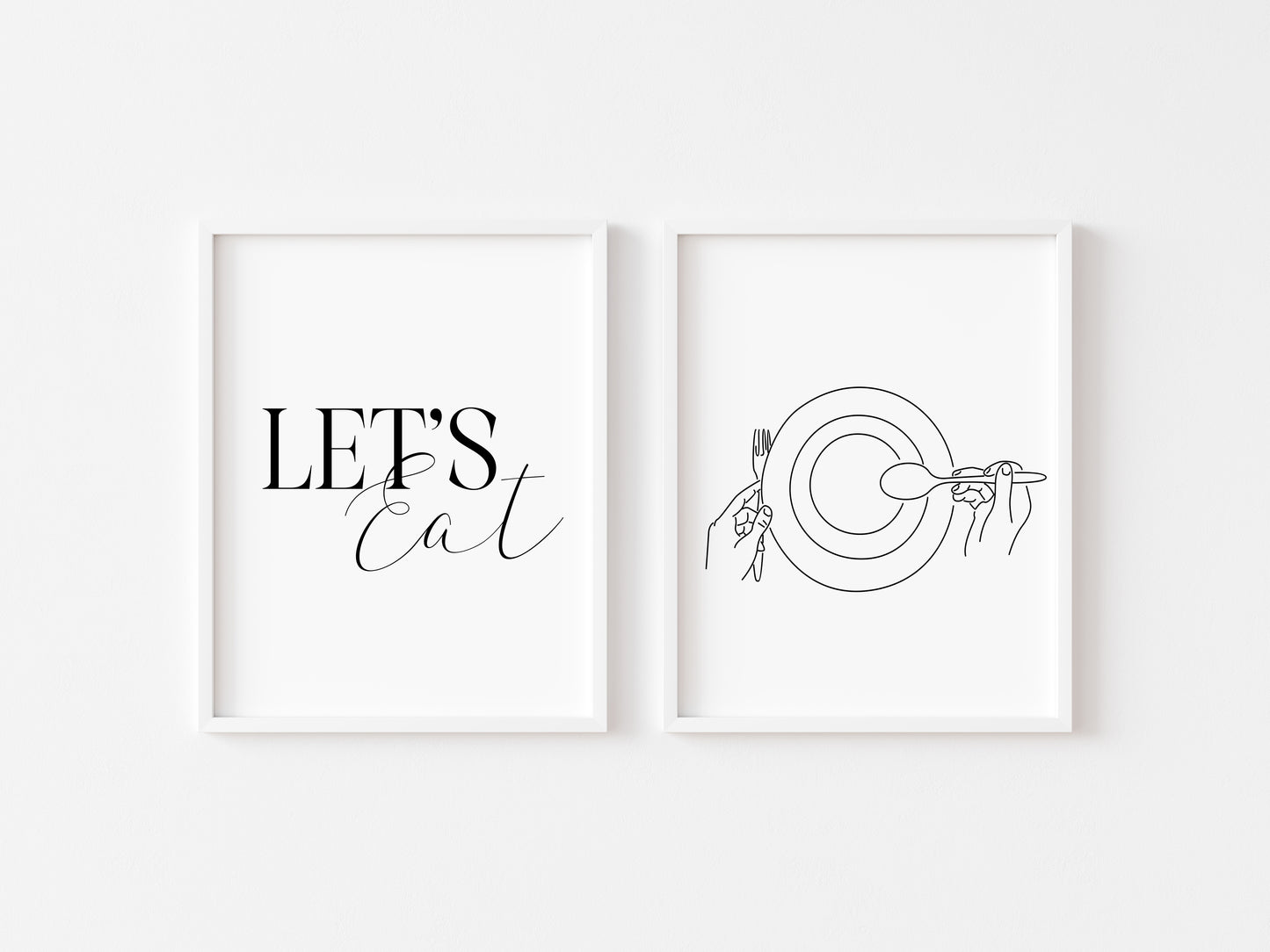 Set of 2 let's eat, food dinner tea supper line drawing kitchen unframed wall art poster prints