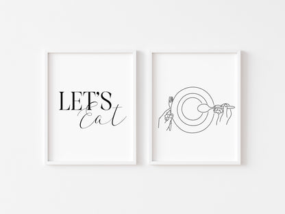 Set of 2 let's eat, food dinner tea supper line drawing kitchen unframed wall art poster prints