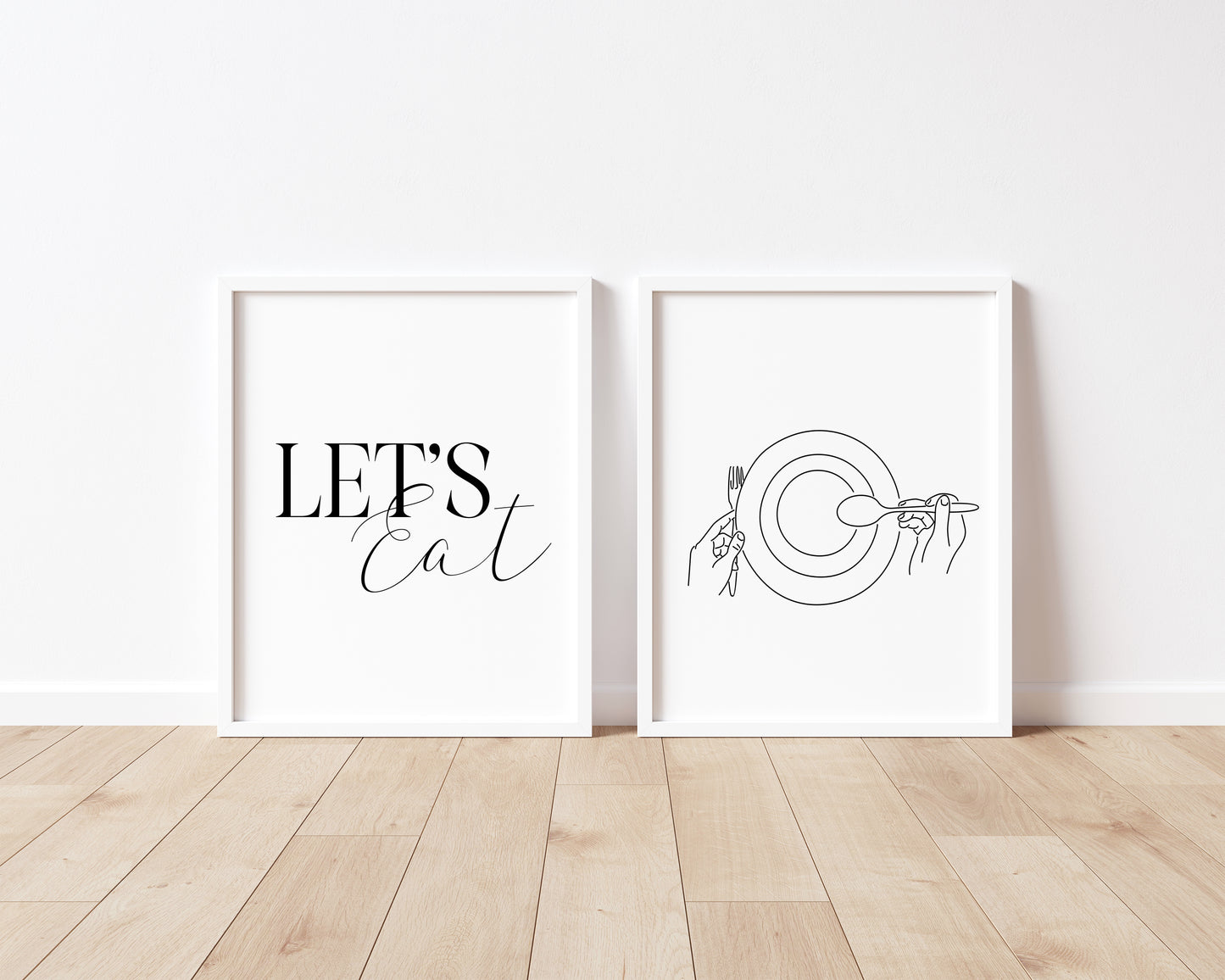 Set of 2 let's eat, food dinner tea supper line drawing kitchen unframed wall art poster prints