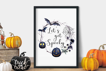 Let's get spooky Halloween watercolour spooky wreath seasonal unframed wall art poster print