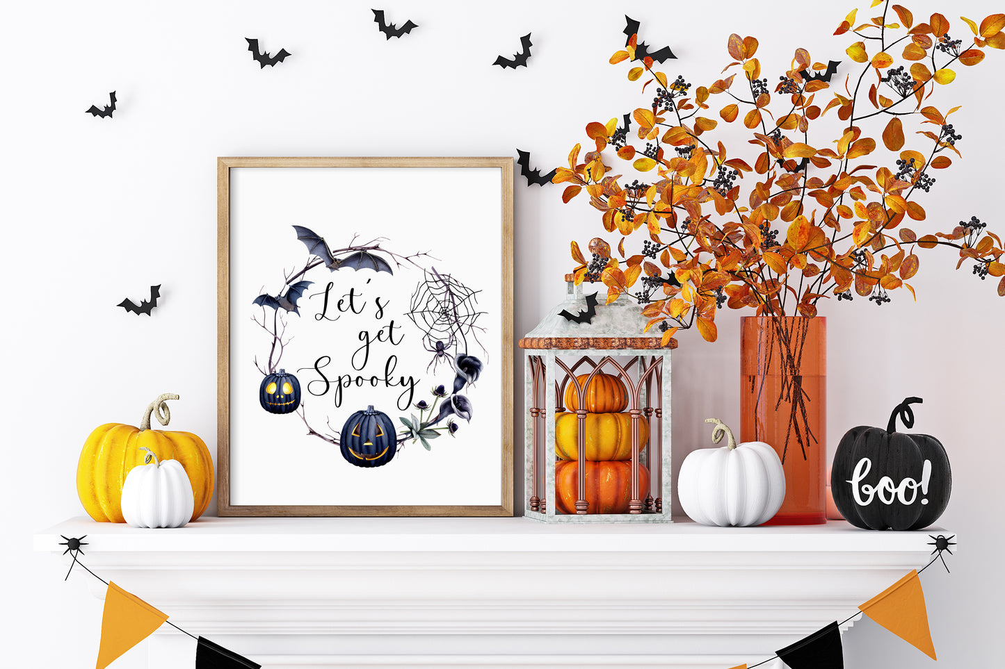 Let's get spooky Halloween watercolour spooky wreath seasonal unframed wall art poster print