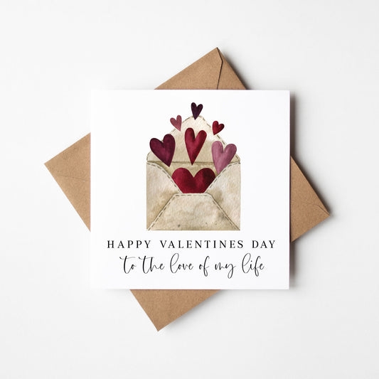Valentines card, to the love of my life heart filled letter watercolour card with envelope