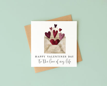 Valentines card, to the love of my life heart filled letter watercolour card with envelope